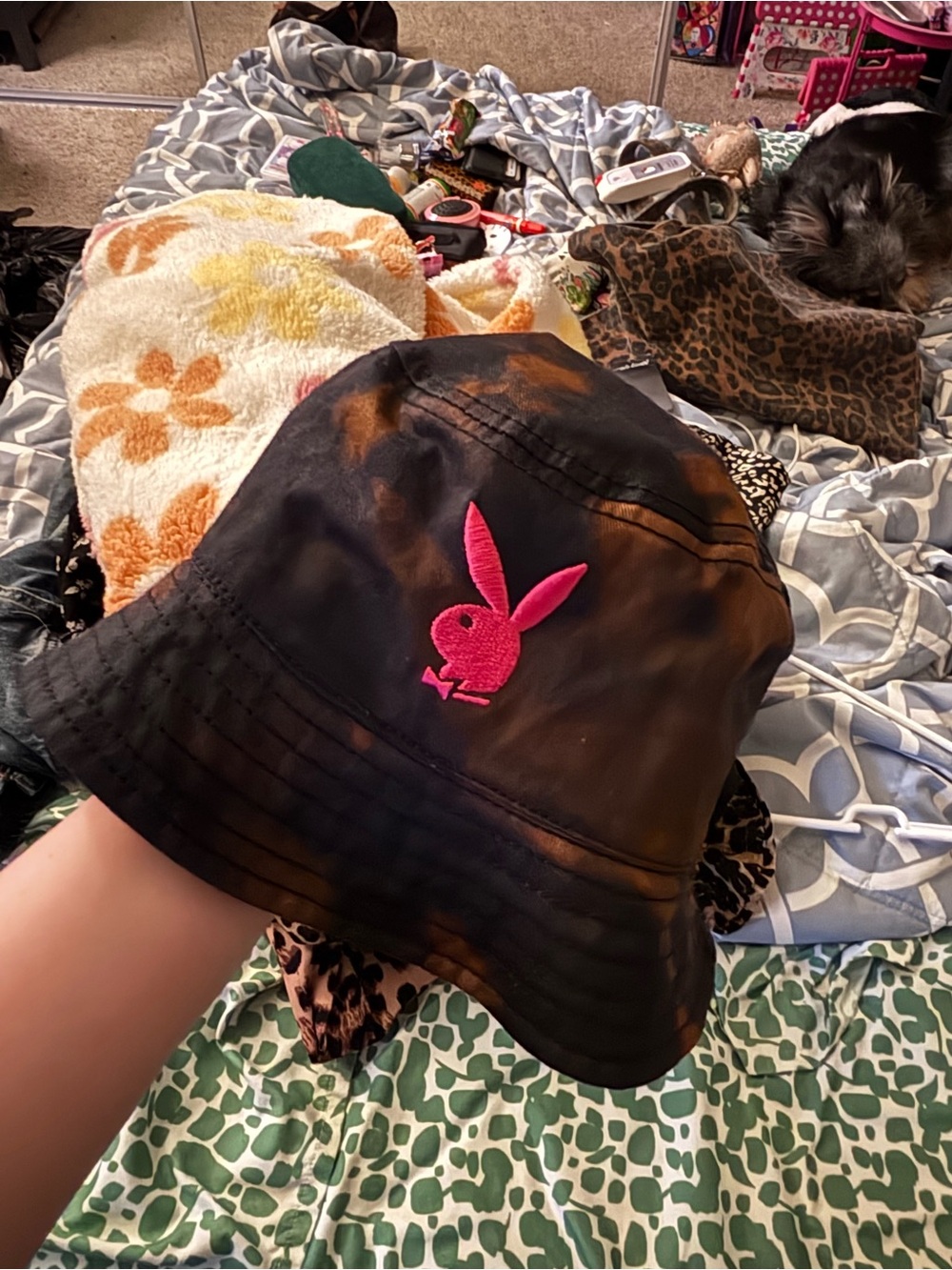 PLAYBOY Black Tie-Dye Bucket Hat with Pink Bunny Patch